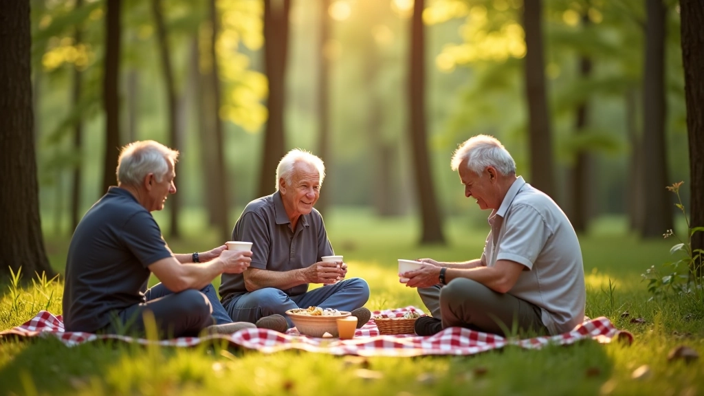 Senioru grupa sēž uz piknika klāja meža tikai, tēja krūzēs, apkārt skaista daba